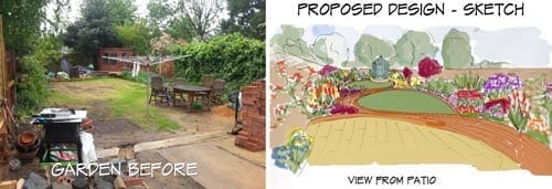 Ray's garden before and after design - please note, normally sketches are in black and white for level 3 design service.